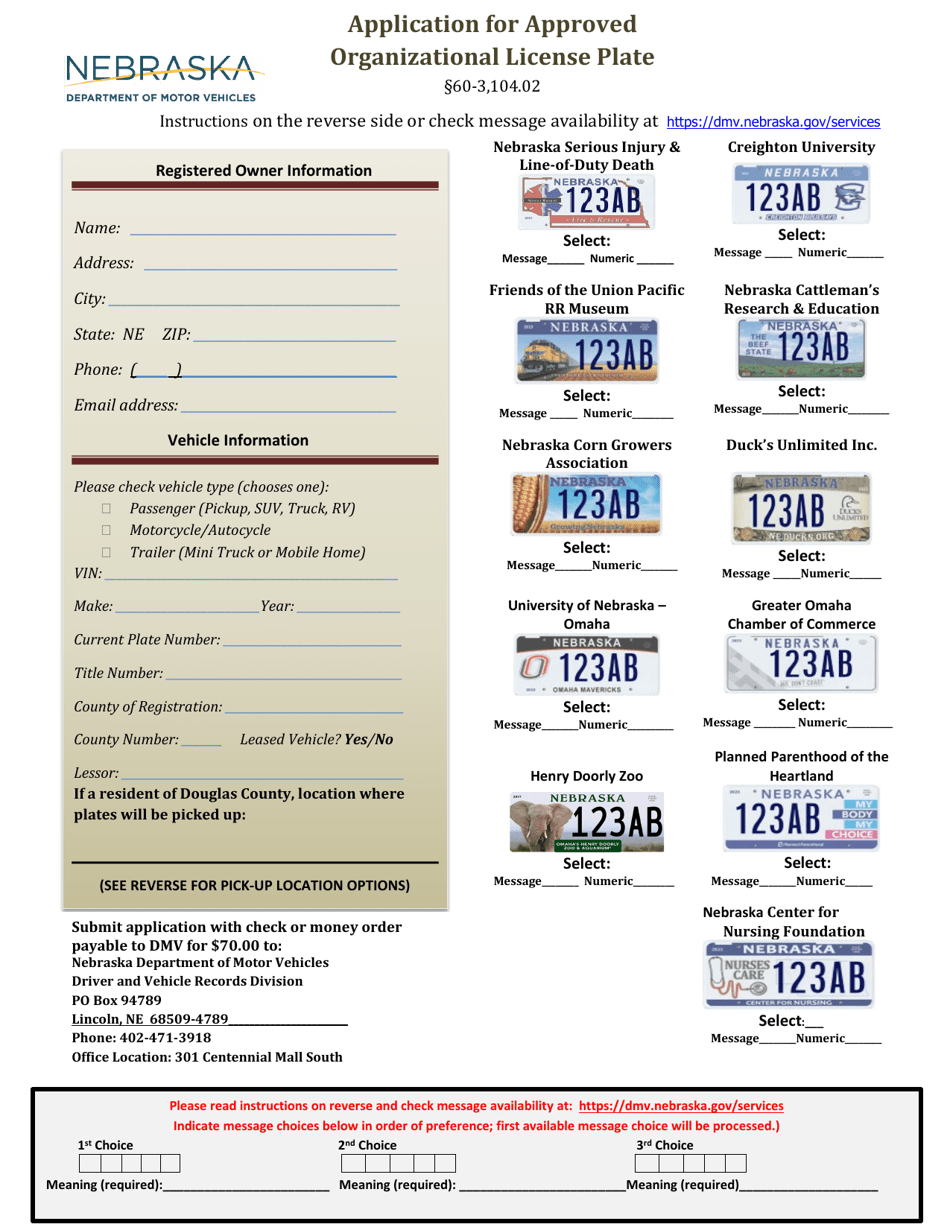 Application for Approved Organizational License Plate - Nebraska, Page 1
