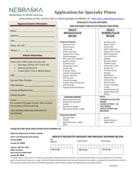 Document preview: Application for Specialty Plates - Nebraska