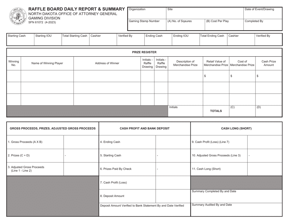 Form SFN61072 Raffle Board Daily Report  Summary - North Dakota, Page 1