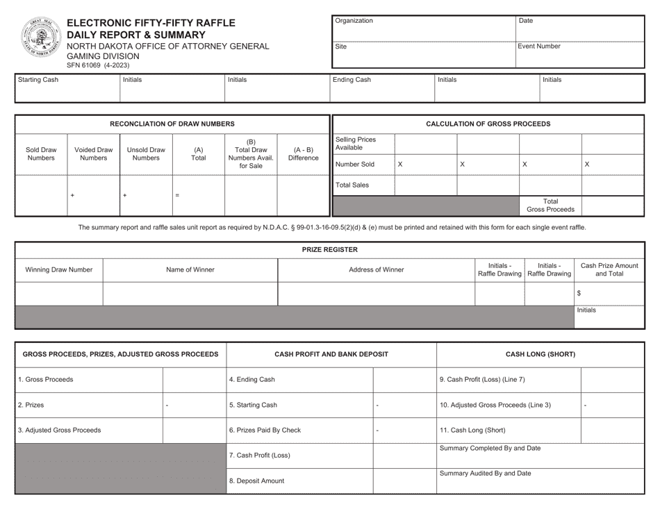 Form SFN61069 Electronic Fifty-Fifty Raffle Daily Report  Summary - North Dakota, Page 1