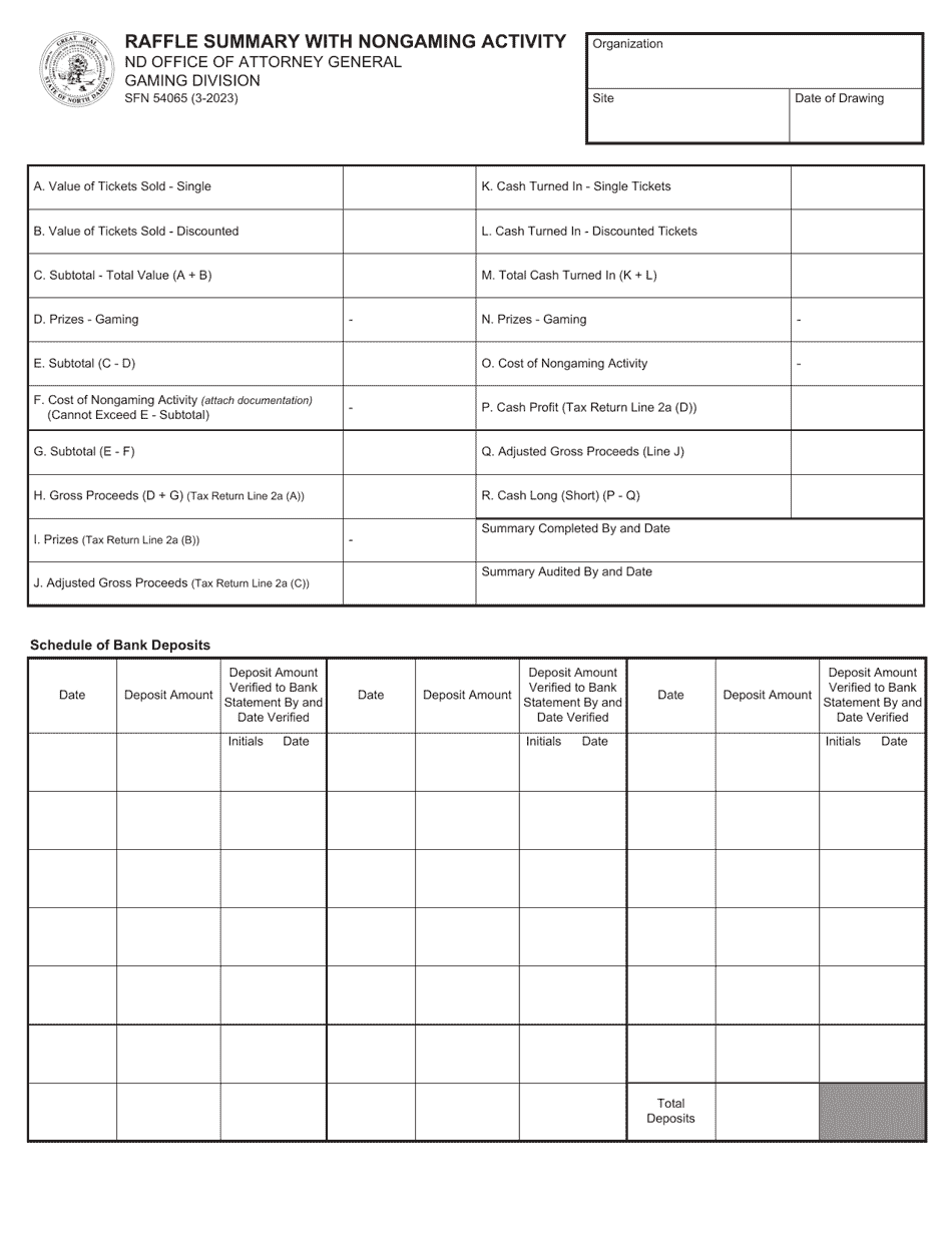 Form SFN54065 Raffle Summary With Nongaming Activity - North Dakota, Page 1