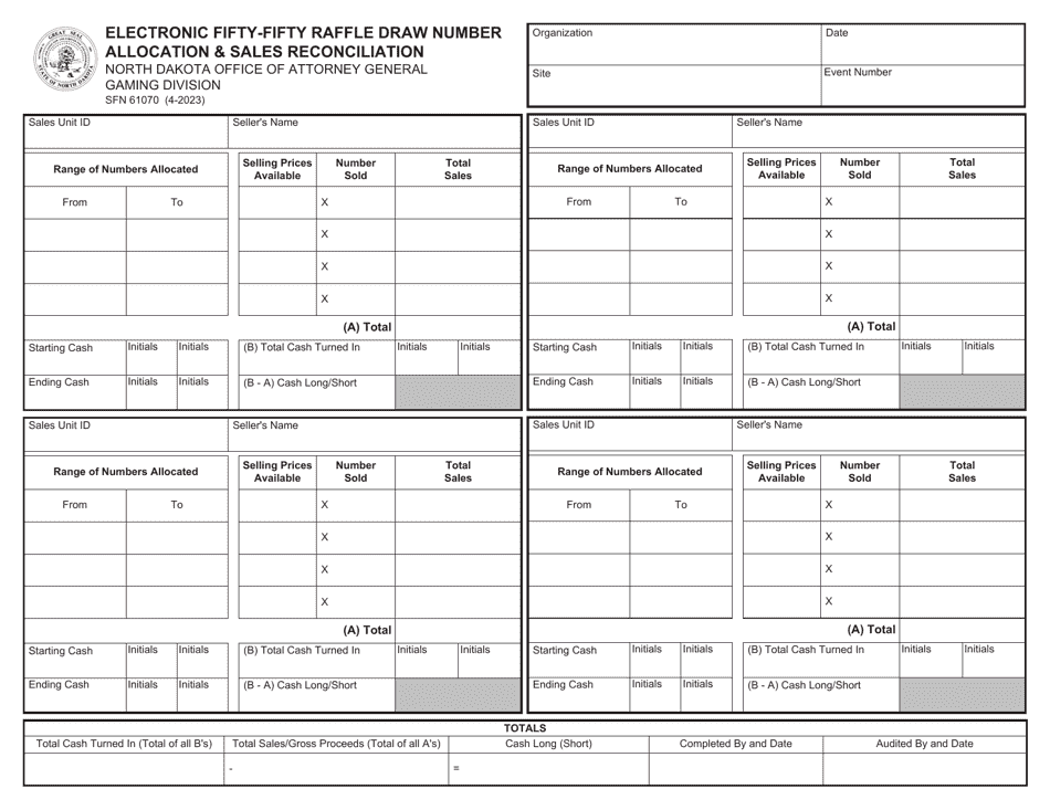 Form SFN61070 Electronic Fifty-Fifty Raffle Draw Number Allocation  Sales Reconciliation - North Dakota, Page 1