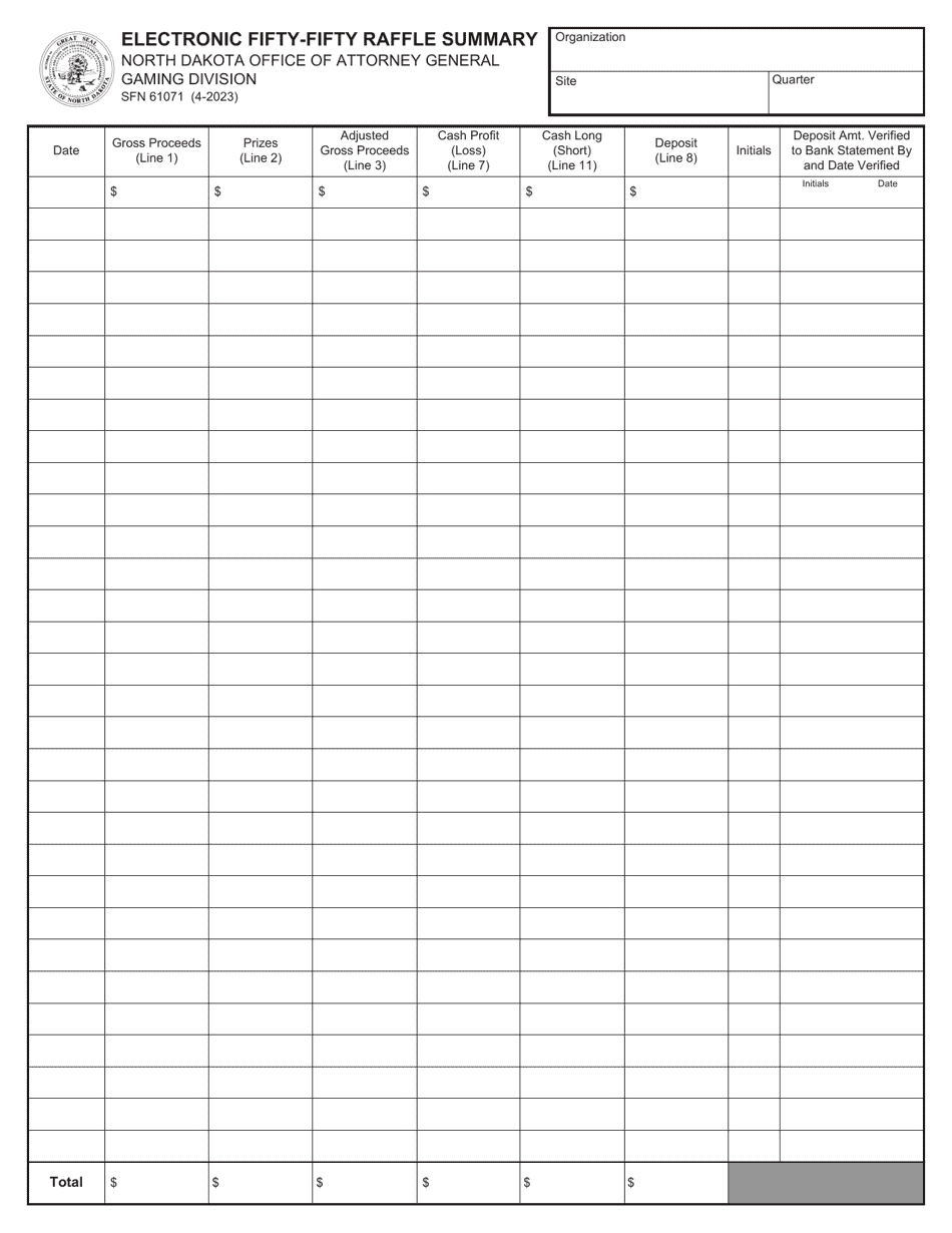 Form SFN61071 Electronic Fifty-Fifty Raffle Summary - North Dakota, Page 1