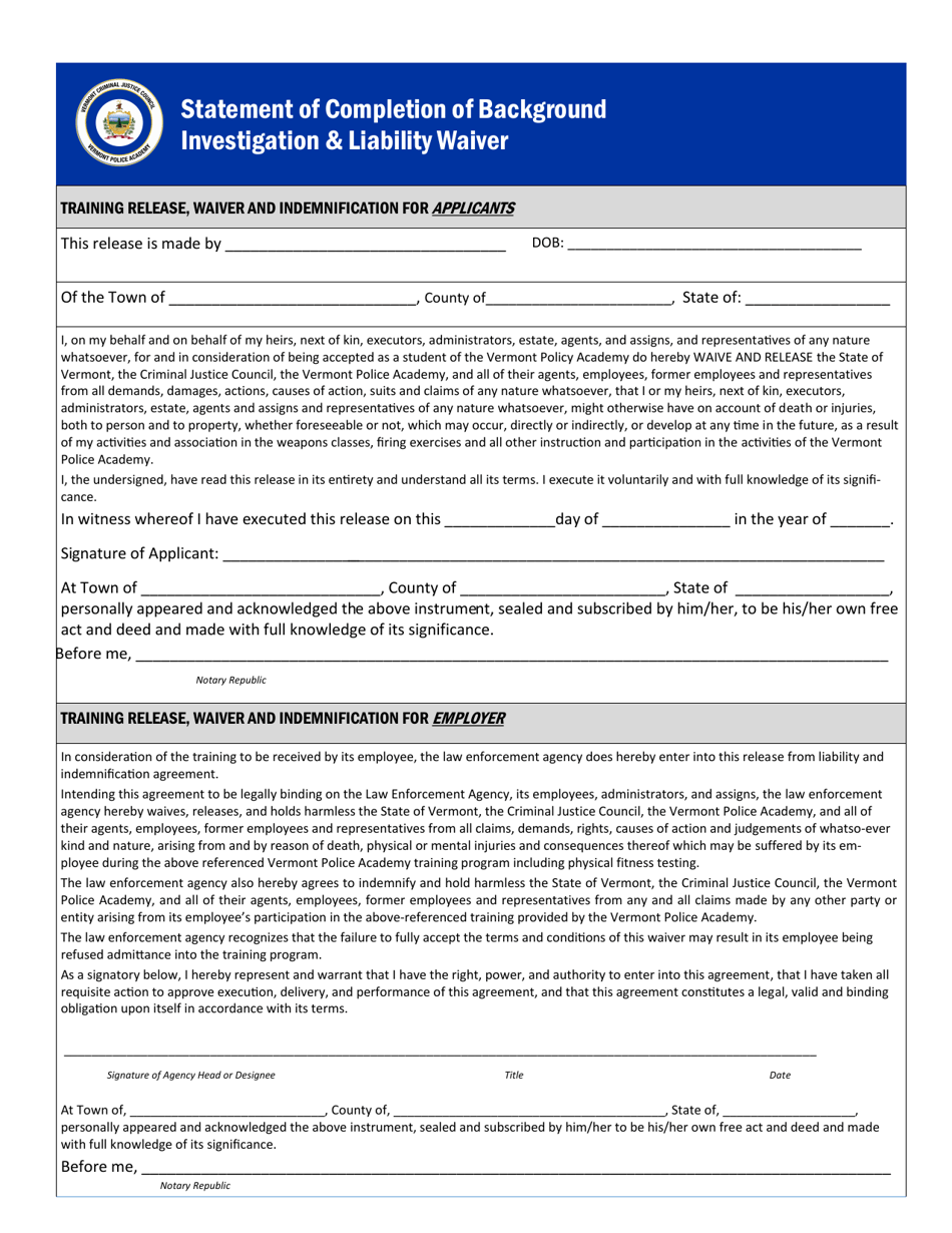 Statement of Completion of Background Investigation  Liability Waiver - Vermont, Page 2