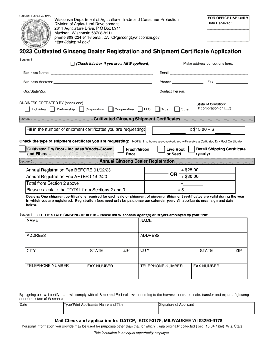 Form DAD-BARP-004 Cultivated Ginseng Dealer Registration and Shipment Certificate Application - Wisconsin, Page 1