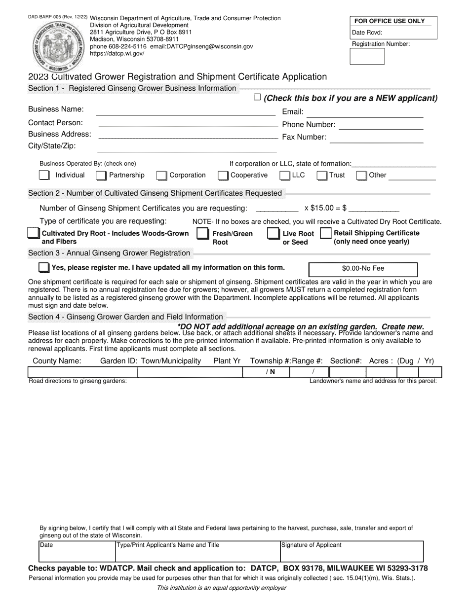 Form DAD-BARP-005 Cultivated Grower Registration and Shipment Certificate Application - Wisconsin, Page 1