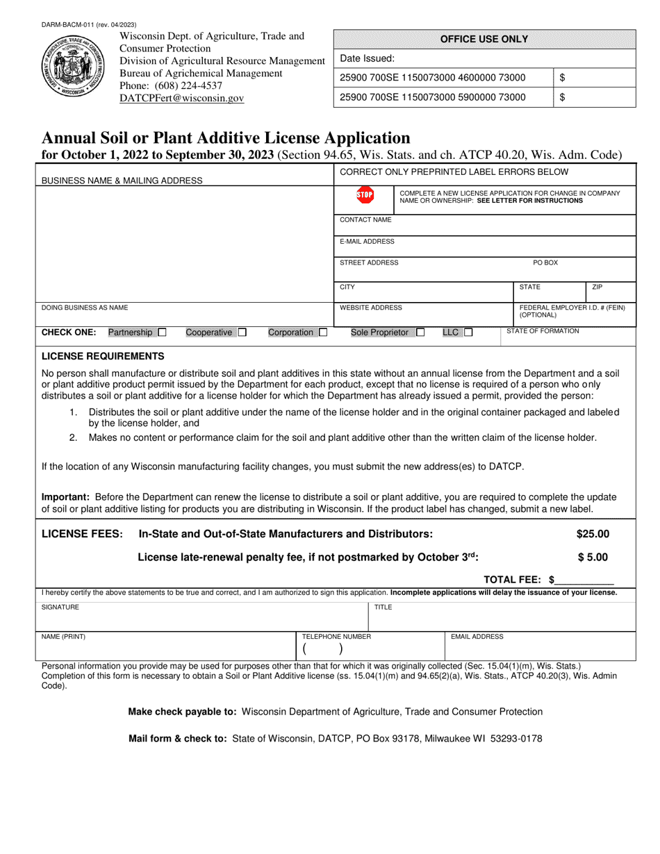 Form DARM-BACM-011 Annual Soil or Plant Additive License Application - Wisconsin, Page 1