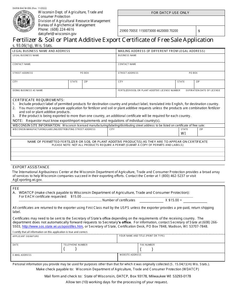 Form DARM-BACM-006 Fertilizer  Soil or Plant Additive Export Certificate of Free Sale Application - Wisconsin, Page 1