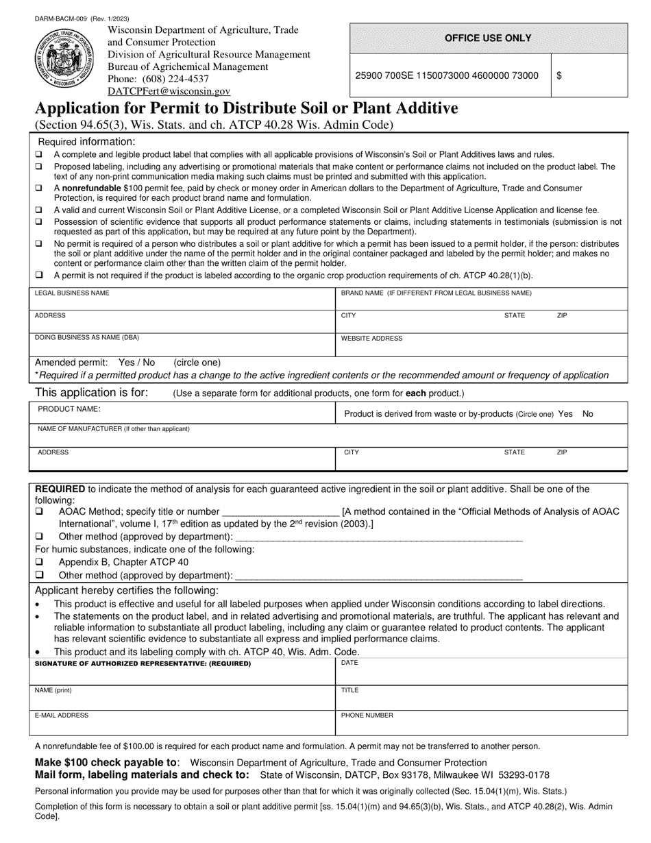 Form DARM-BACM-009 Application for Permit to Distribute Soil or Plant Additive - Wisconsin, Page 1