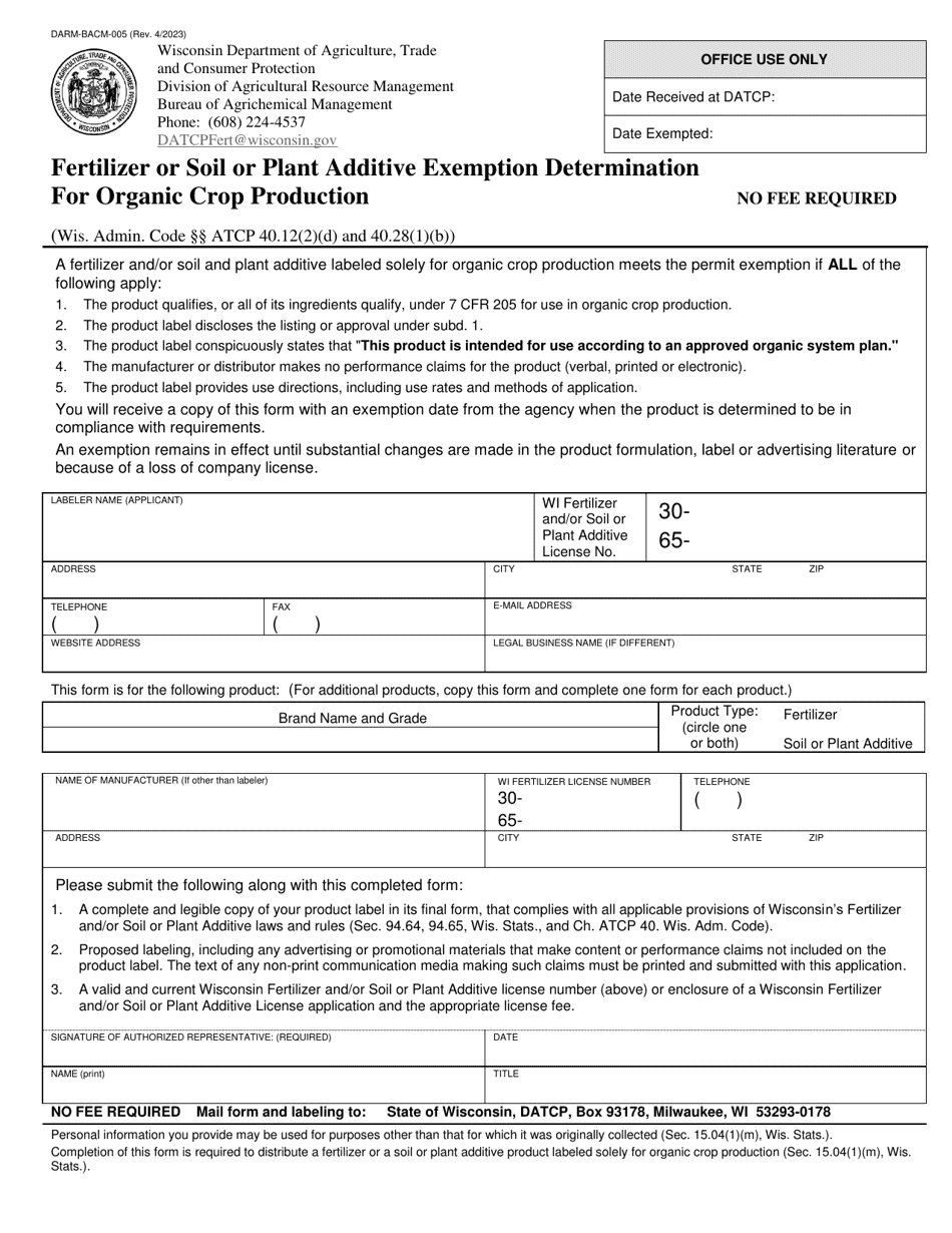 Form DARM-BACM-005 Fertilizer or Soil or Plant Additive Exemption Determination for Organic Crop Production - Wisconsin, Page 1