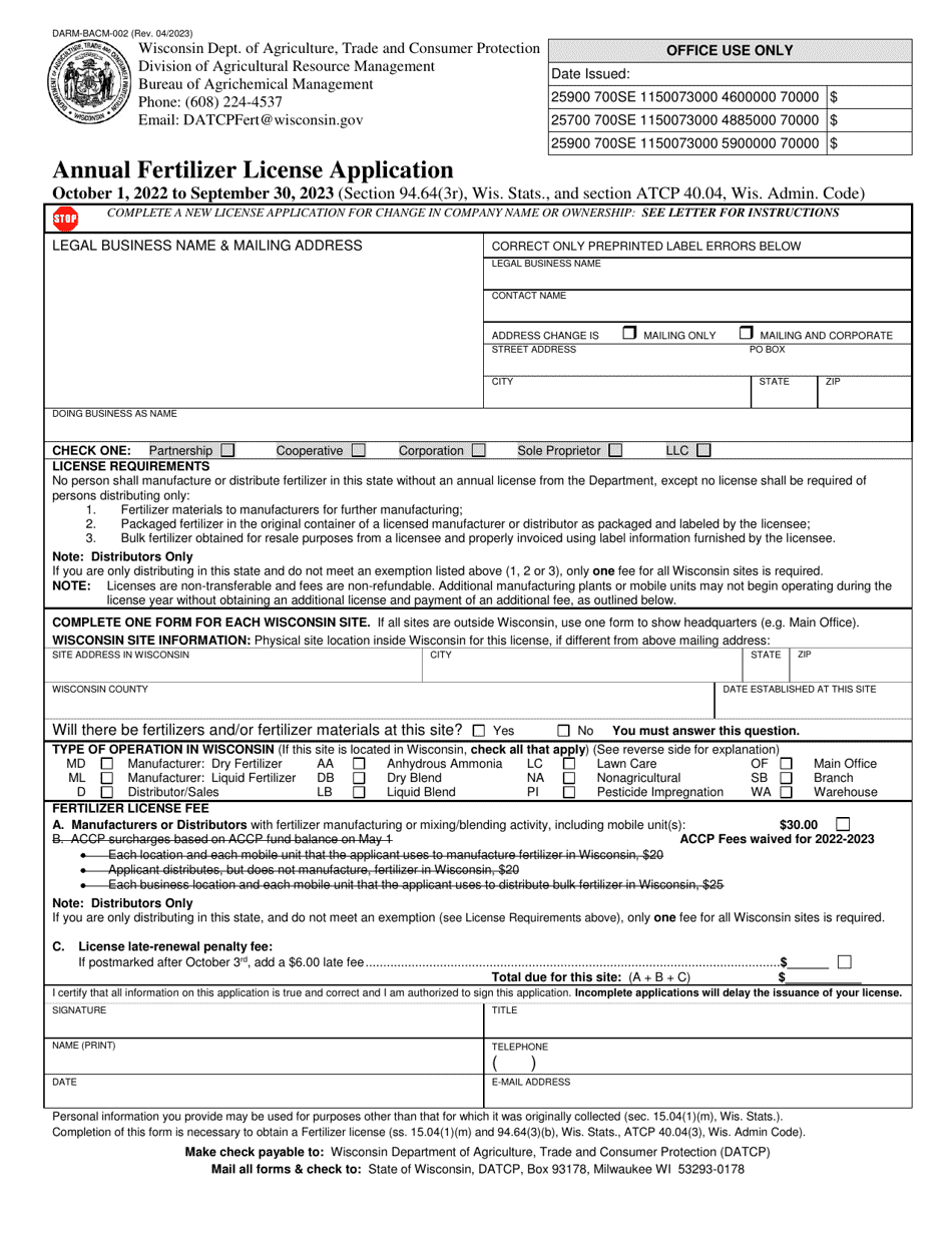 Form DARM-BACM-002 Annual Fertilizer License Application - Wisconsin, Page 1