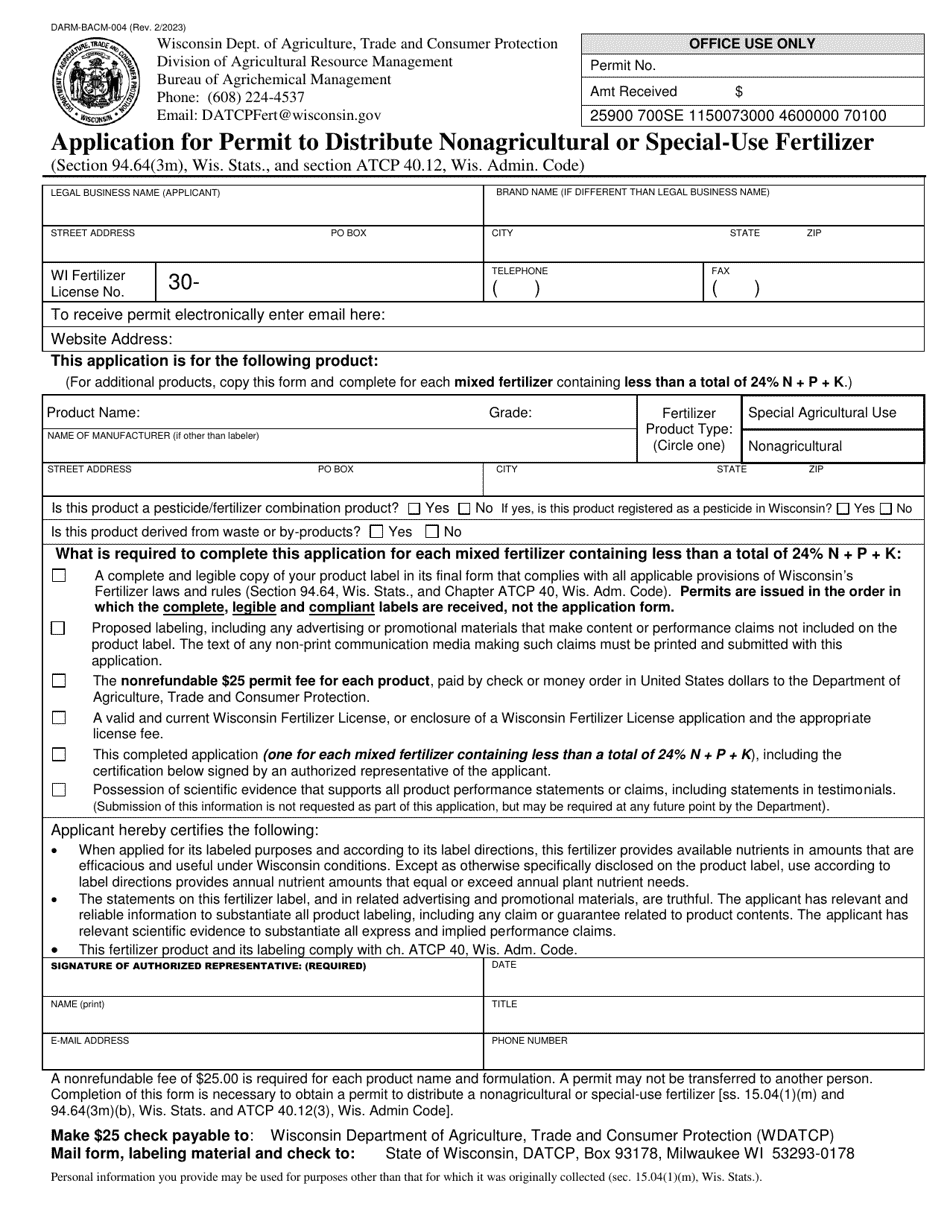 Form DARM-BACM-004 Application for Permit to Distribute Nonagricultural or Special-Use Fertilizer - Wisconsin, Page 1