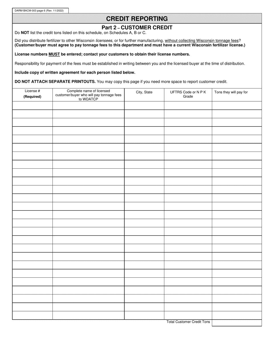 Form DARM-BACM-003 Confidential Commercial Fertilizer Tonnage Report - Wisconsin, Page 6
