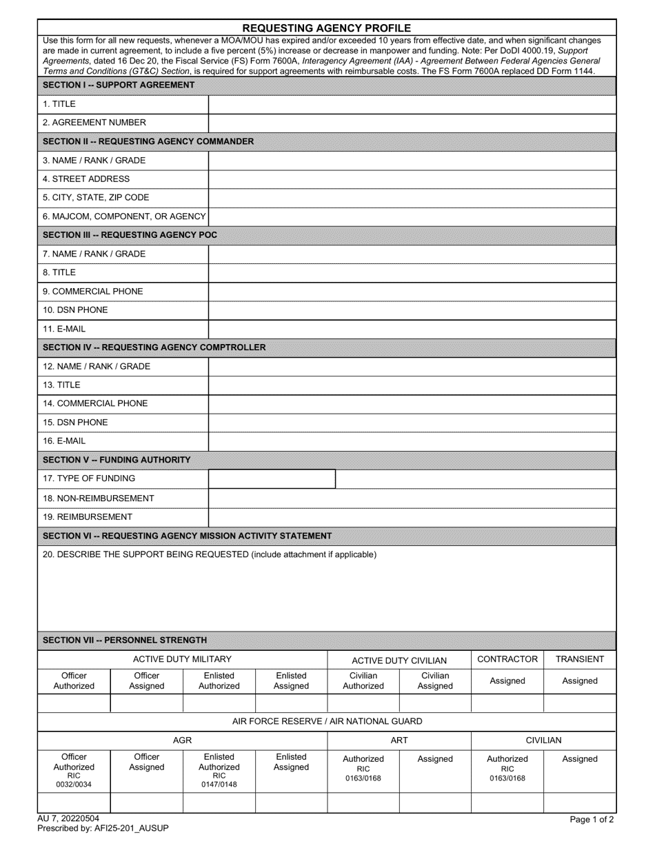 AU Form 7 Requesting Agency Profile, Page 1