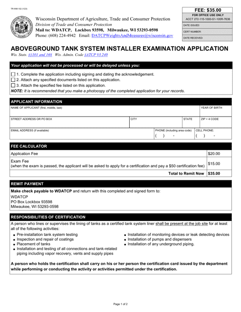 Form TR-WM-102 Aboveground Tank System Installer Examination Application - Wisconsin