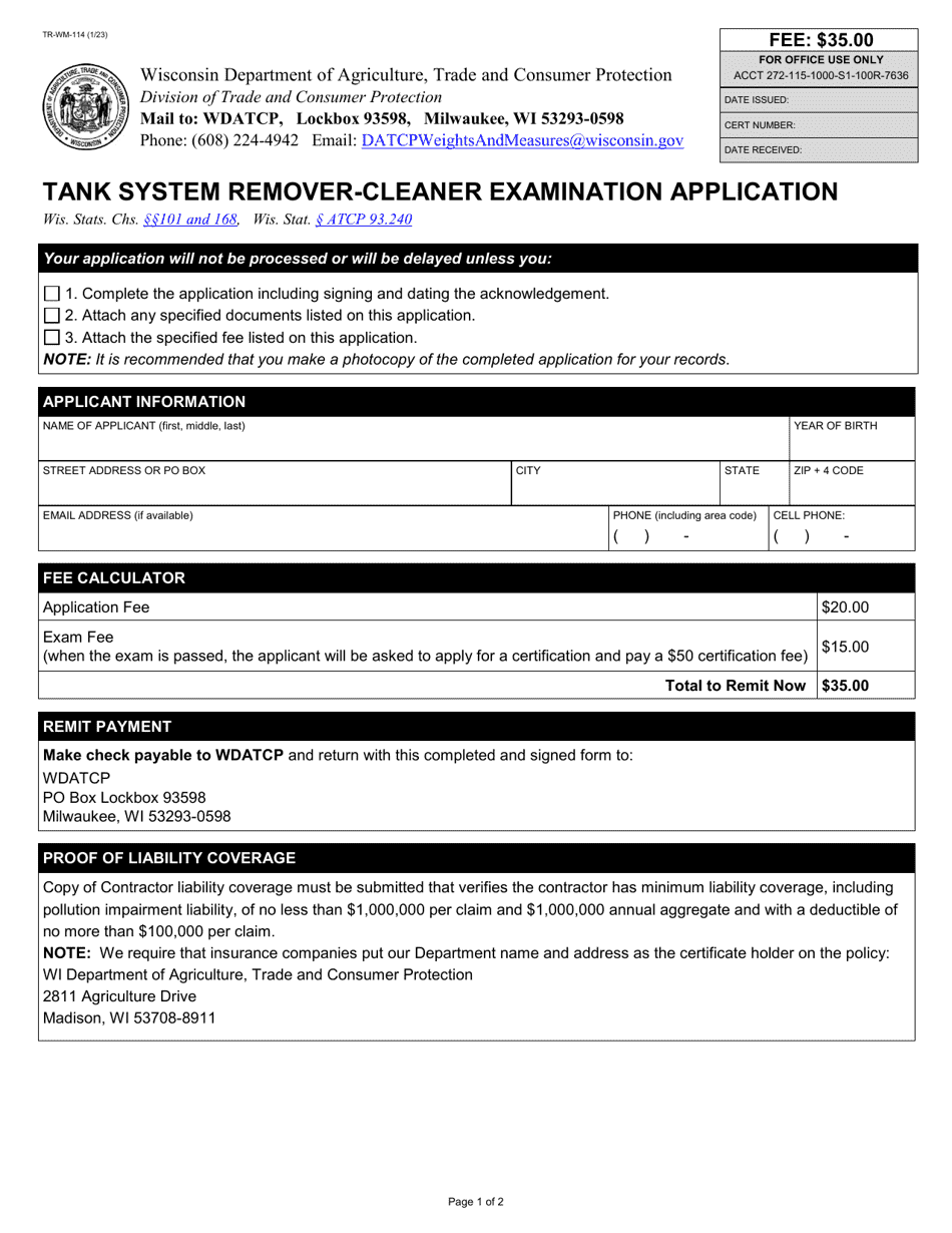 Form TR-WM-114 Tank System Remover-Cleaner Examination Application - Wisconsin, Page 1