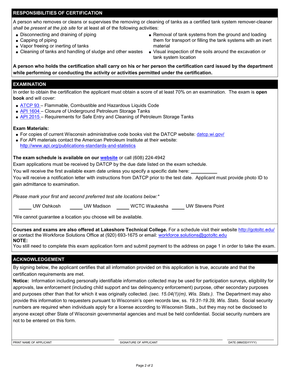 Form TR-WM-114 Tank System Remover-Cleaner Examination Application - Wisconsin, Page 2