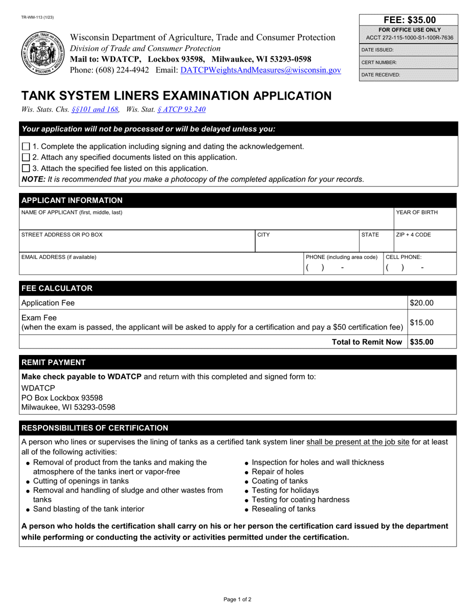 Form TR-WM-113 Tank System Liners Examination Application - Wisconsin, Page 1