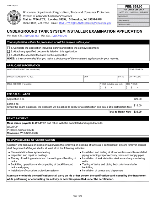 Form TR-WM-116 Underground Tank System Installer Examination Application - Wisconsin