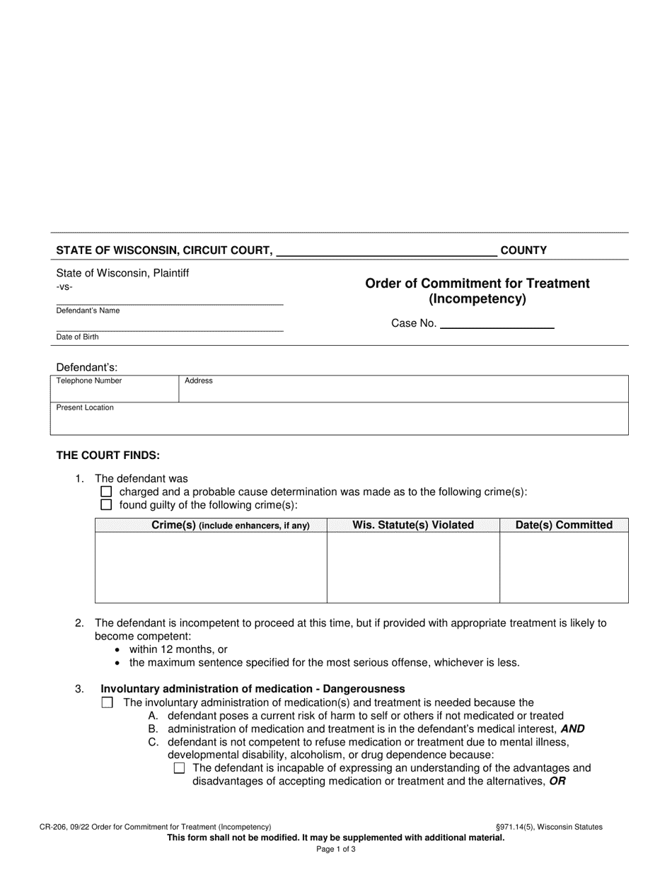 Form Cr 206 Download Printable Pdf Or Fill Online Order Of Commitment For Treatment 9130