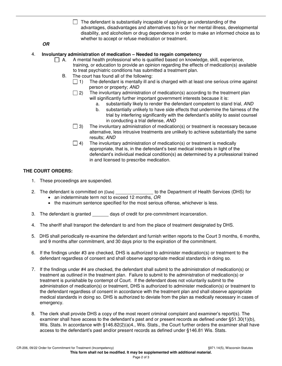 Form CR-206 Download Printable PDF or Fill Online Order of Commitment ...