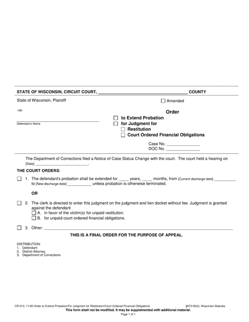 Form CR-213 Order to Extend Probation/For Judgment for Restitution/Court Ordered Financial Obligations - Wisconsin