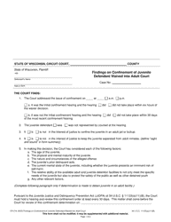 Form CR-219 Findings on Confinement of Juvenile Defendant Waived Into Adult Court - Wisconsin