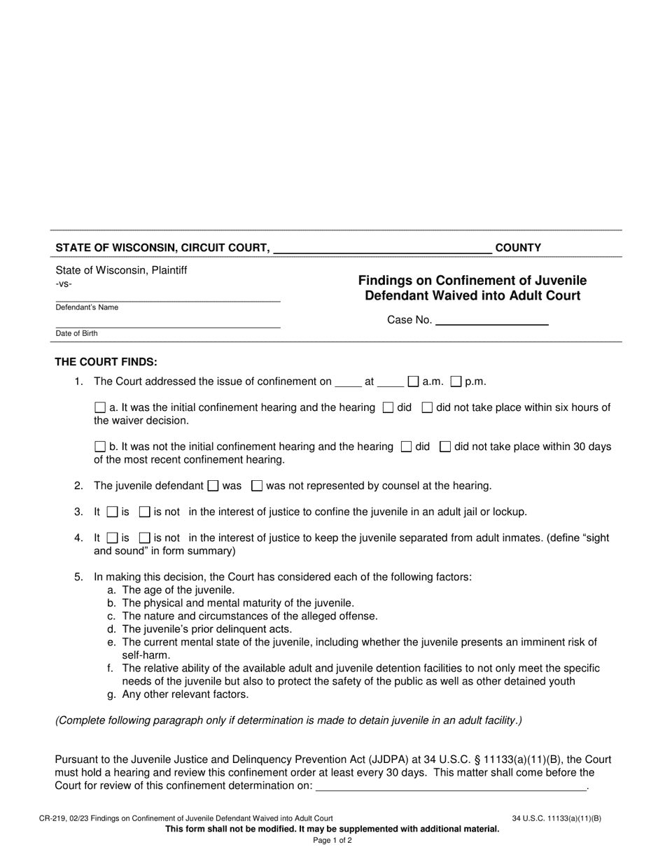 Form CR-219 Findings on Confinement of Juvenile Defendant Waived Into Adult Court - Wisconsin, Page 1