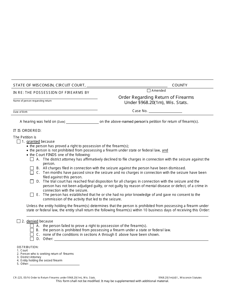 Form CR-225 Order Regarding Return of Firearms Under 968.20(1m), Wis. Stats. (Criminal) - Wisconsin, Page 1