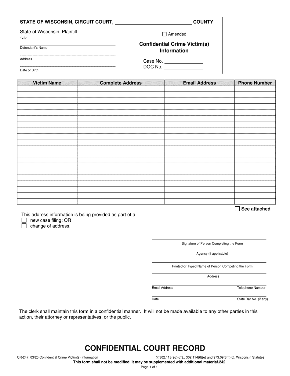 Form CR-247 Confidential Crime Victim(S) Information - Wisconsin, Page 1