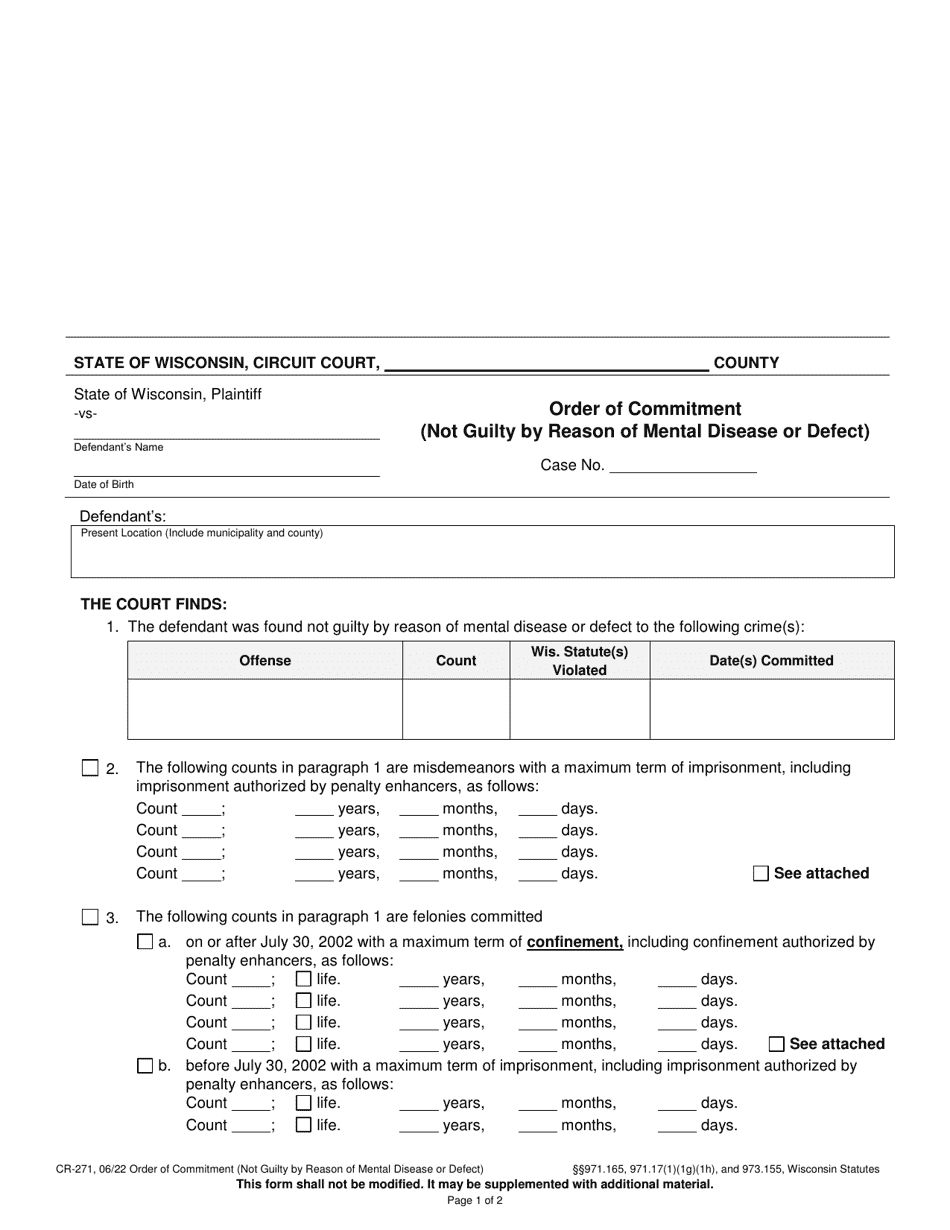 Form CR-271 Order of Commitment (Not Guilty by Reason of Mental Disease or Defect) - Wisconsin, Page 1