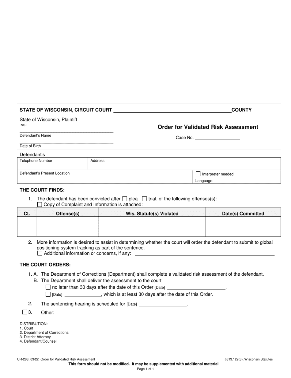 Form CR-288 Order for Validated Risk Assessment - Wisconsin, Page 1