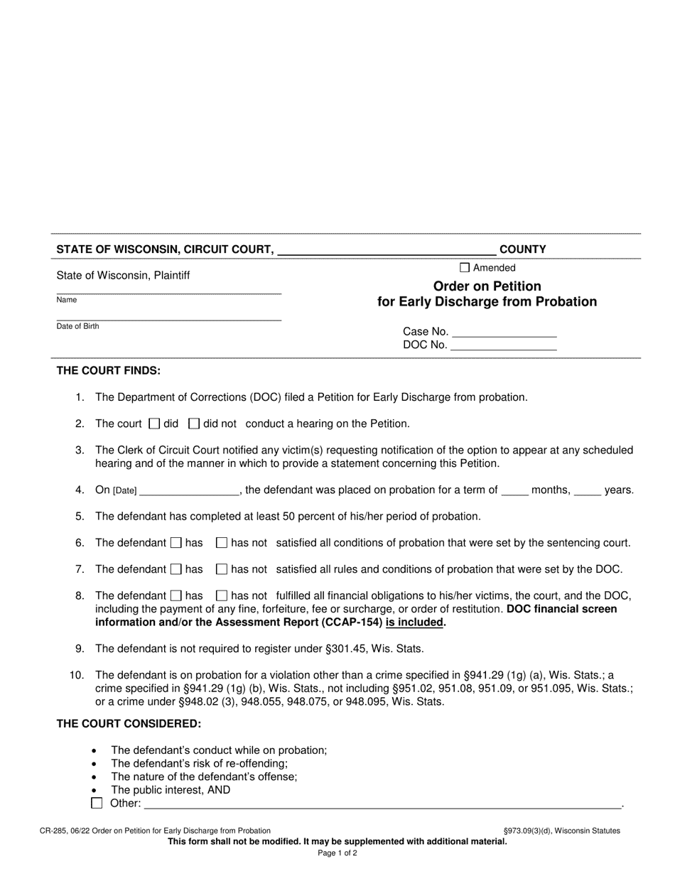 Form CR-285 Order on Petition for Early Discharge From Probation - Wisconsin, Page 1