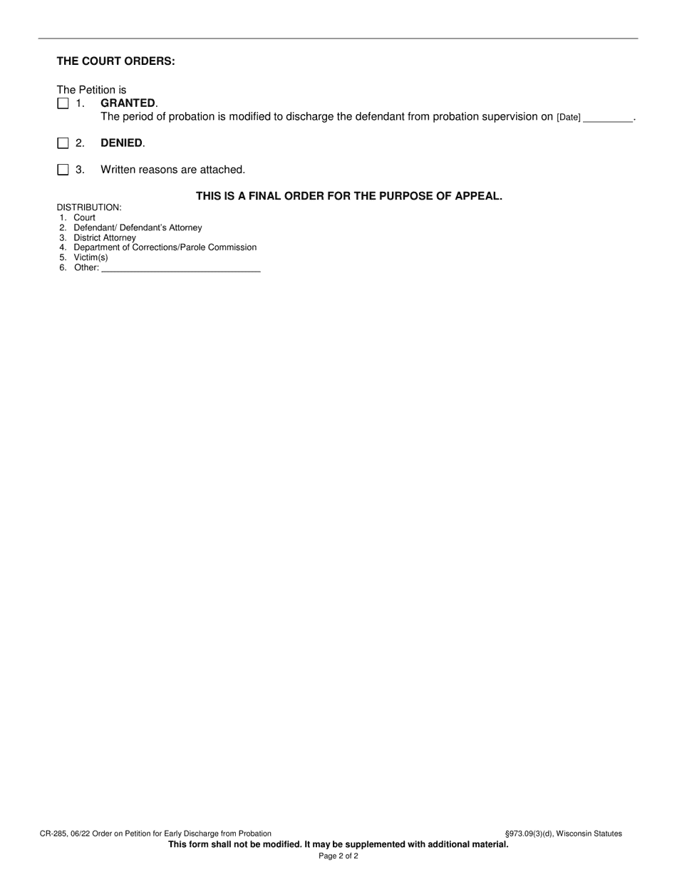 Form CR-285 Order on Petition for Early Discharge From Probation - Wisconsin, Page 2