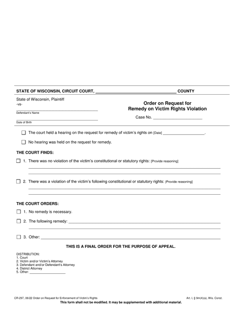 Form CR-297 Order on Request for Remedy of Victim Rights Violations - Wisconsin