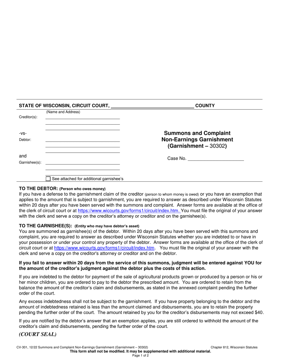 Form CV301 Download Printable PDF or Fill Online Summons and Complaint