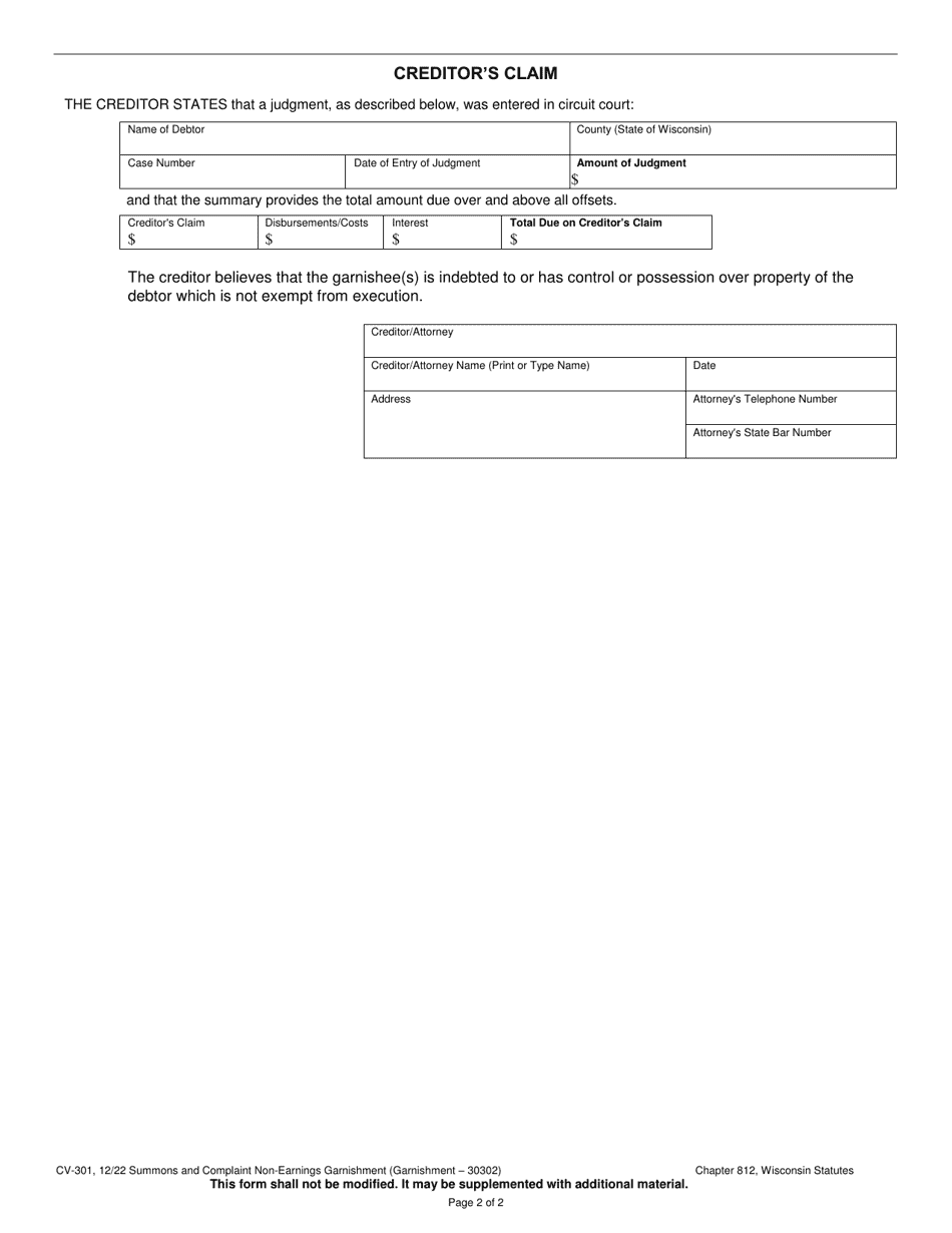 Form CV-301 Summons and Complaint Non-earnings Garnishment (Garnishment - 30302) - Wisconsin, Page 2