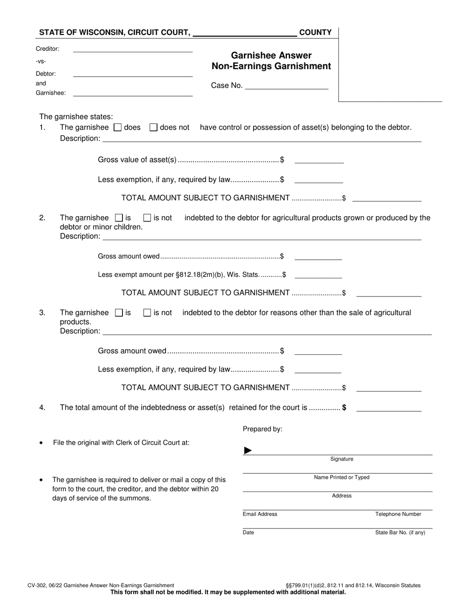 Form CV-302 Garnishee Answer Non-earnings Garnishment - Wisconsin, Page 1
