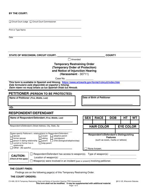 Form CV-406 Temporary Restraining Order and Notice of Injunction Hearing (Harassment) - Wisconsin