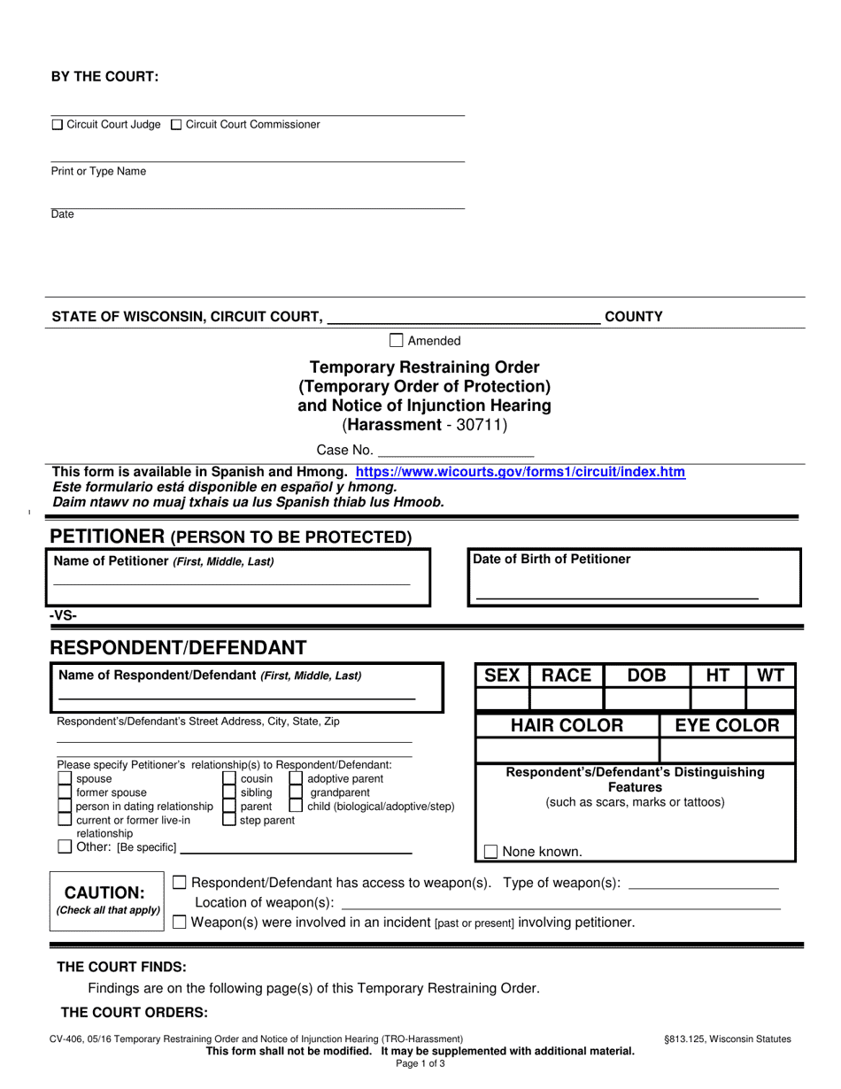 Form CV-406 Temporary Restraining Order and Notice of Injunction Hearing (Harassment) - Wisconsin, Page 1