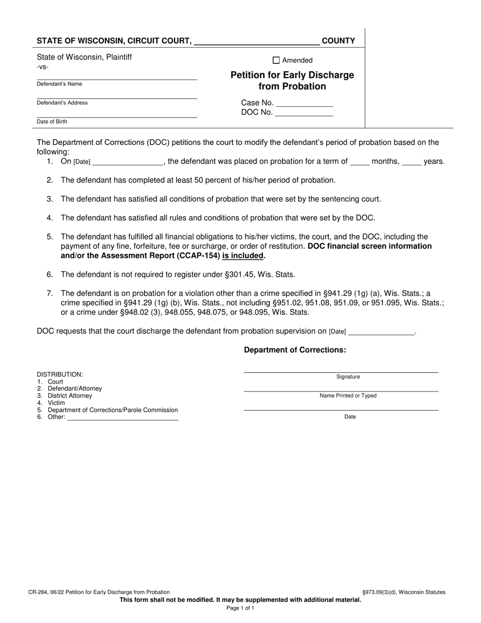 Form CR-284 Petition for Early Discharge From Probation - Wisconsin, Page 1