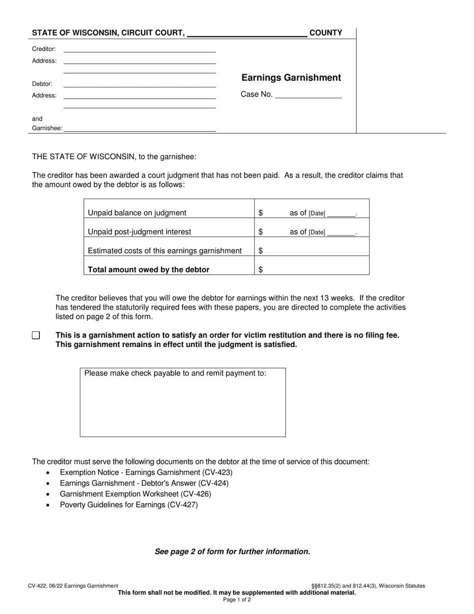 Form CV-422 Earnings Garnishment - Wisconsin, Page 1