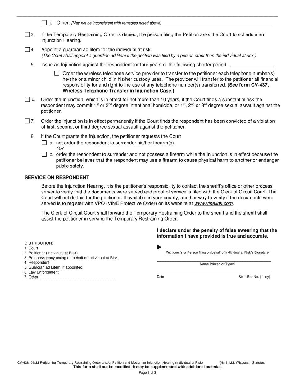 Form CV-428 Petition for Temporary Restraining Order and / or Petition and Motion for Injunction Hearing (Individual at Risk) - Wisconsin, Page 3