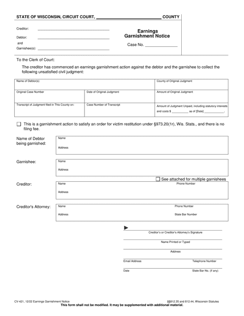 Form CV-421 Earnings Garnishment Notice - Wisconsin