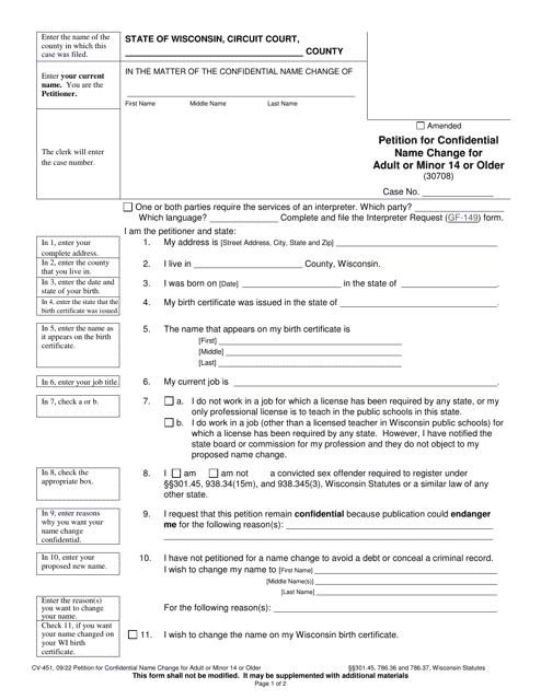 Form CV-451 Petition for Confidential Name Change for Adult or Minor 14 or Older - Wisconsin