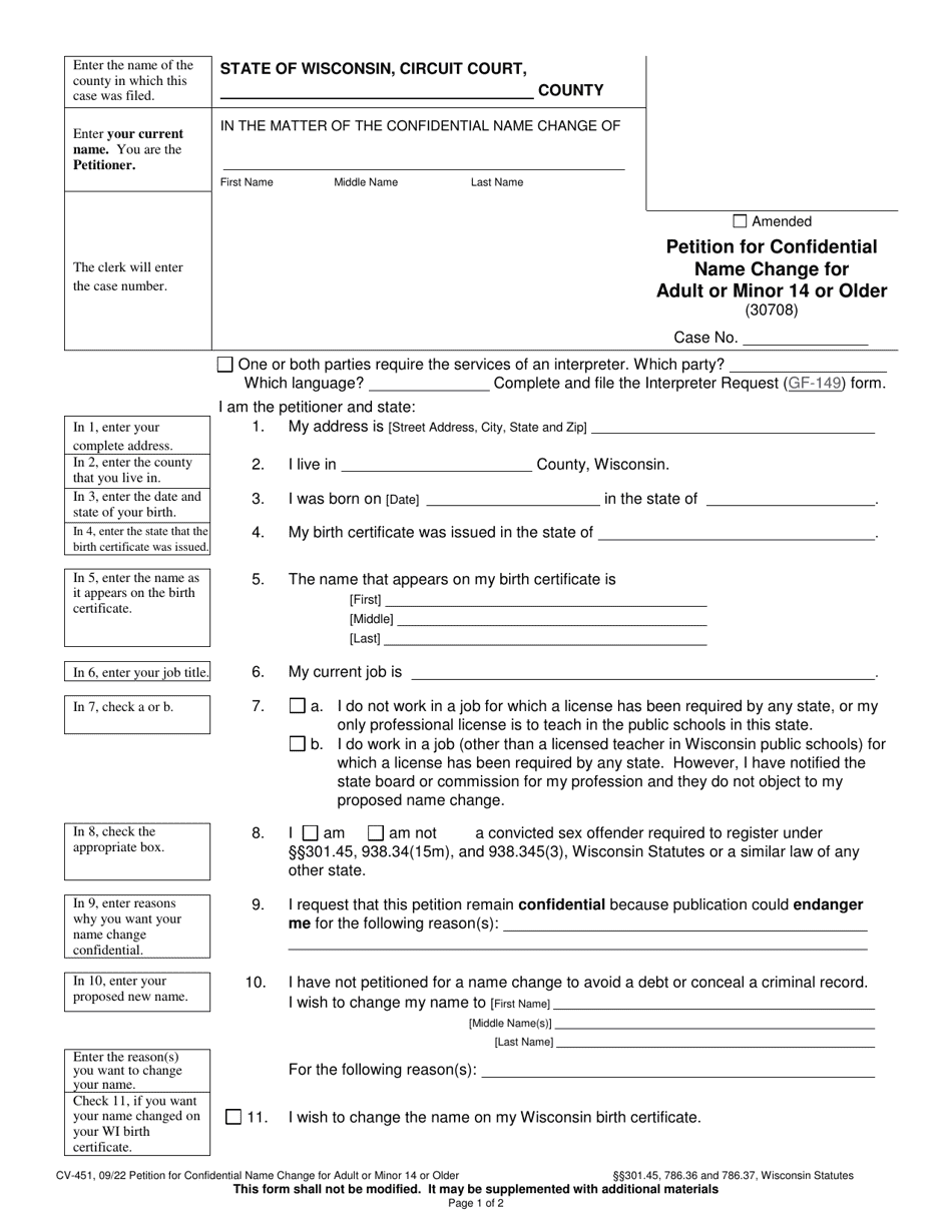 Form CV-451 Petition for Confidential Name Change for Adult or Minor 14 or Older - Wisconsin, Page 1