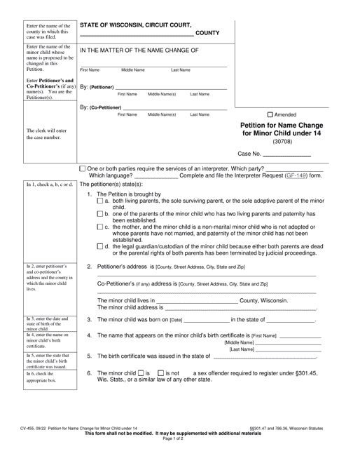Form CV-455 Petition for Name Change for Minor Child Under 14 - Wisconsin