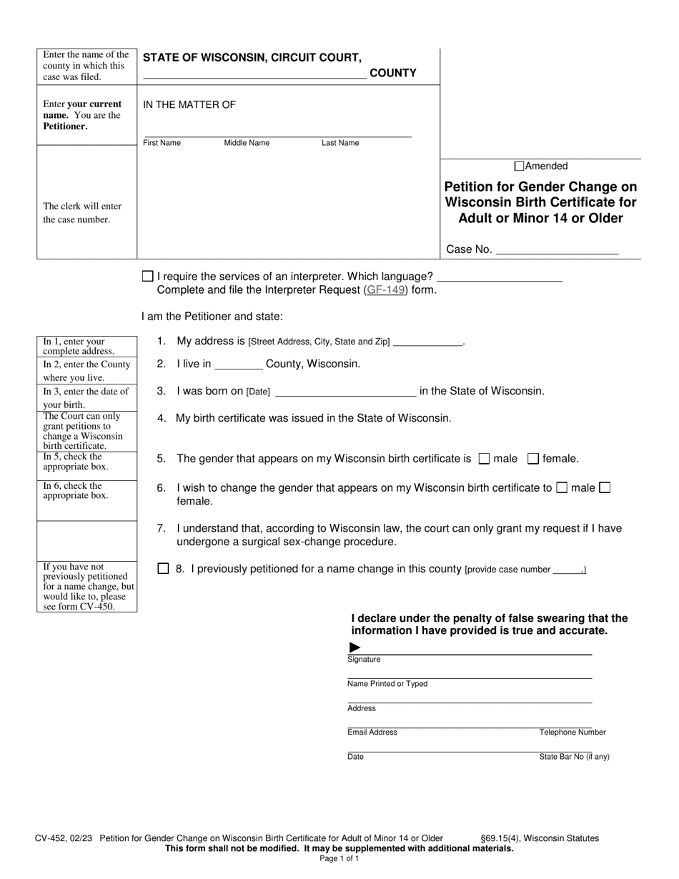 Form CV-452 Petition for Gender Change on Wisconsin Birth Certificate for Adult or Minor 14 or Older - Wisconsin, Page 1