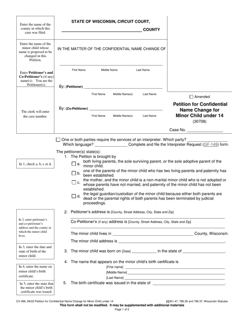 Form CV-456 Petition for Confidential Name Change for Minor Child Under 14 - Wisconsin