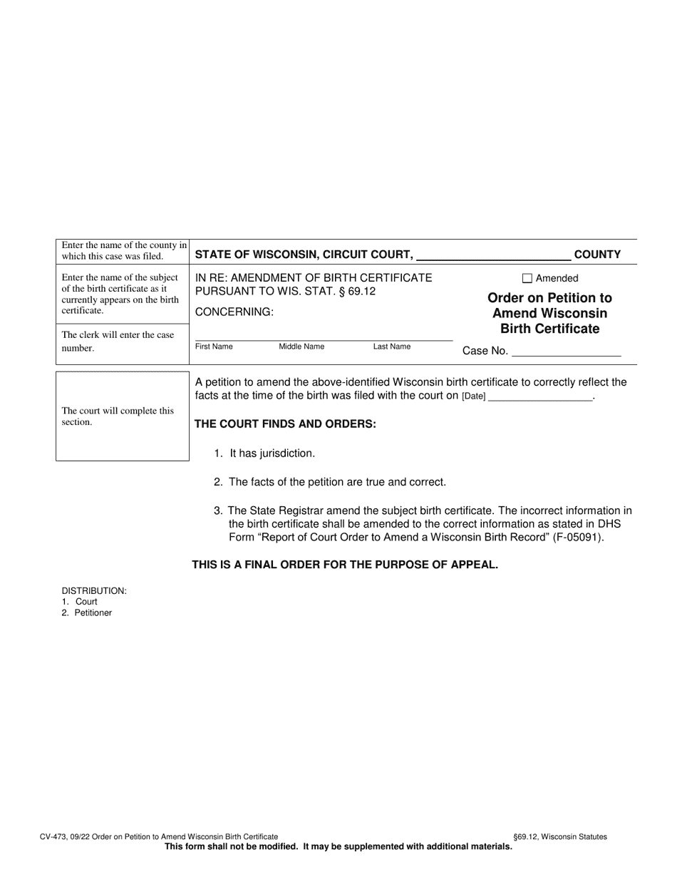Form CV-473 Order on Petition to Amend Wisconsin Birth Certificate - Wisconsin, Page 1